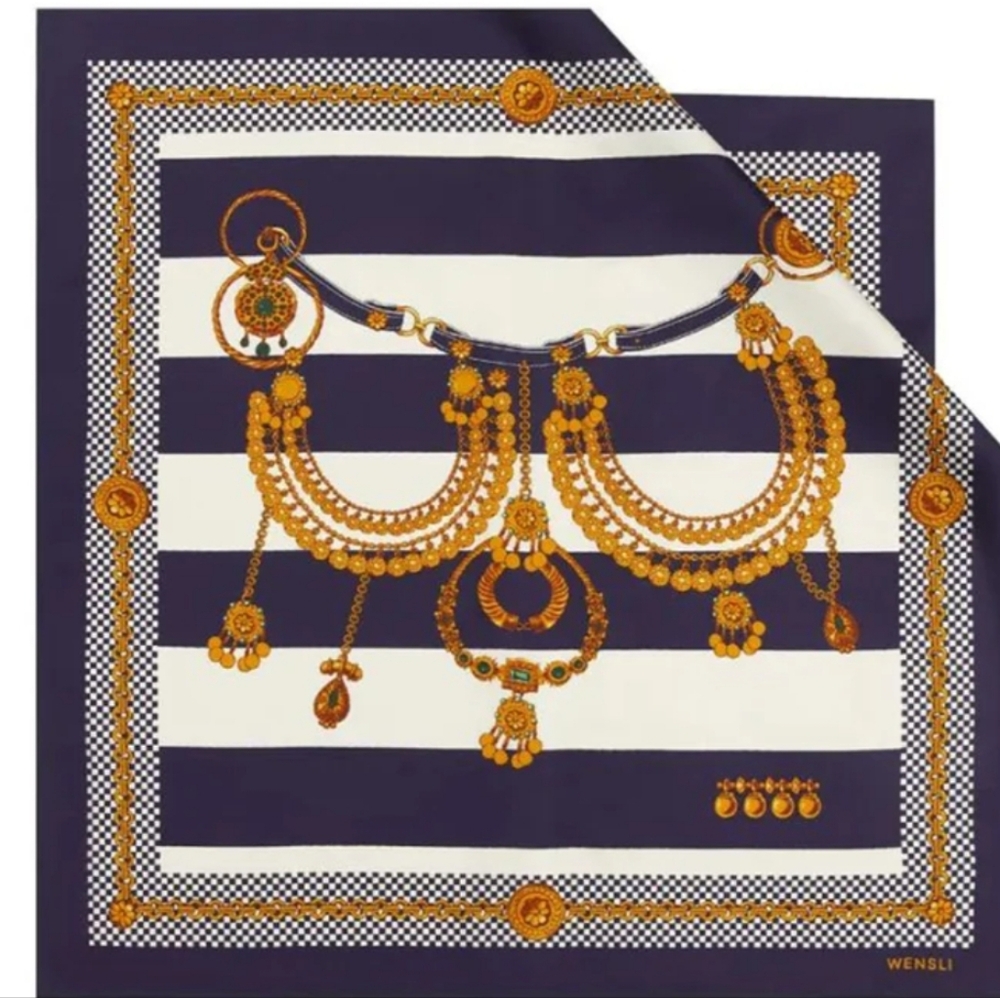 Wensli Navy Blue and Gold Patterned Wool/Silk Scarf
